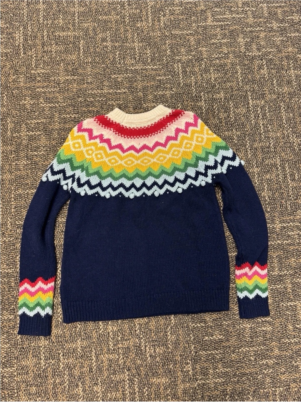 Boden Colorful Rainbow Fair Isle Bobble Pom Yoke Sweater Navy Size US 4 - Picture 3 of 6